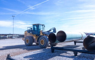 View of tractor loading pipe from a stack onto a truck for transport against a clear blue sky